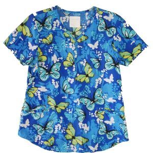 Cherokee Womens Size M Blue Scrub Butterflies Print V Neck Top